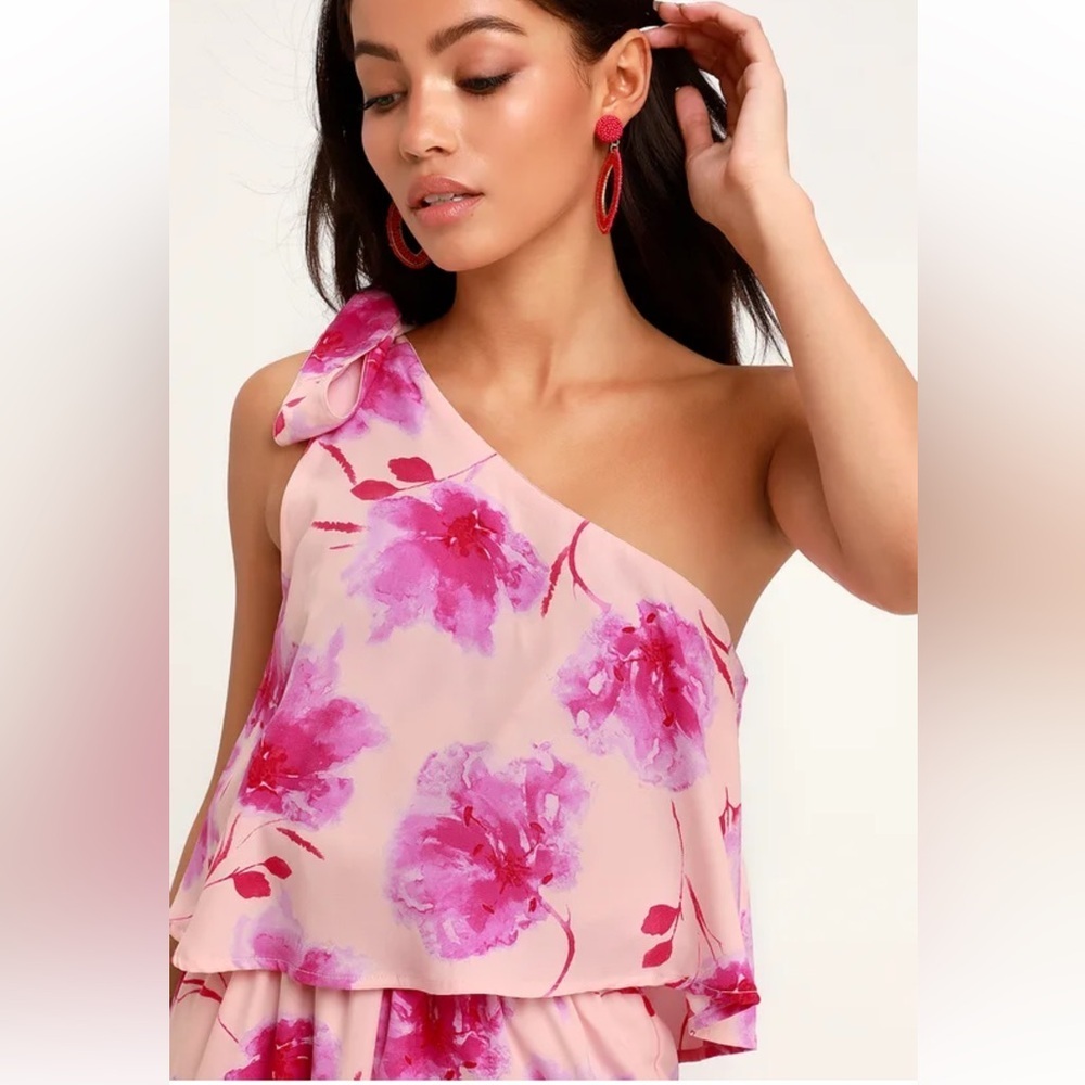 Lulus One-Shoulder Pink floral Romper XS - Picture 4 of 8
